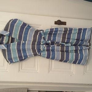 Boden linen blend blue stripe tie waist dress